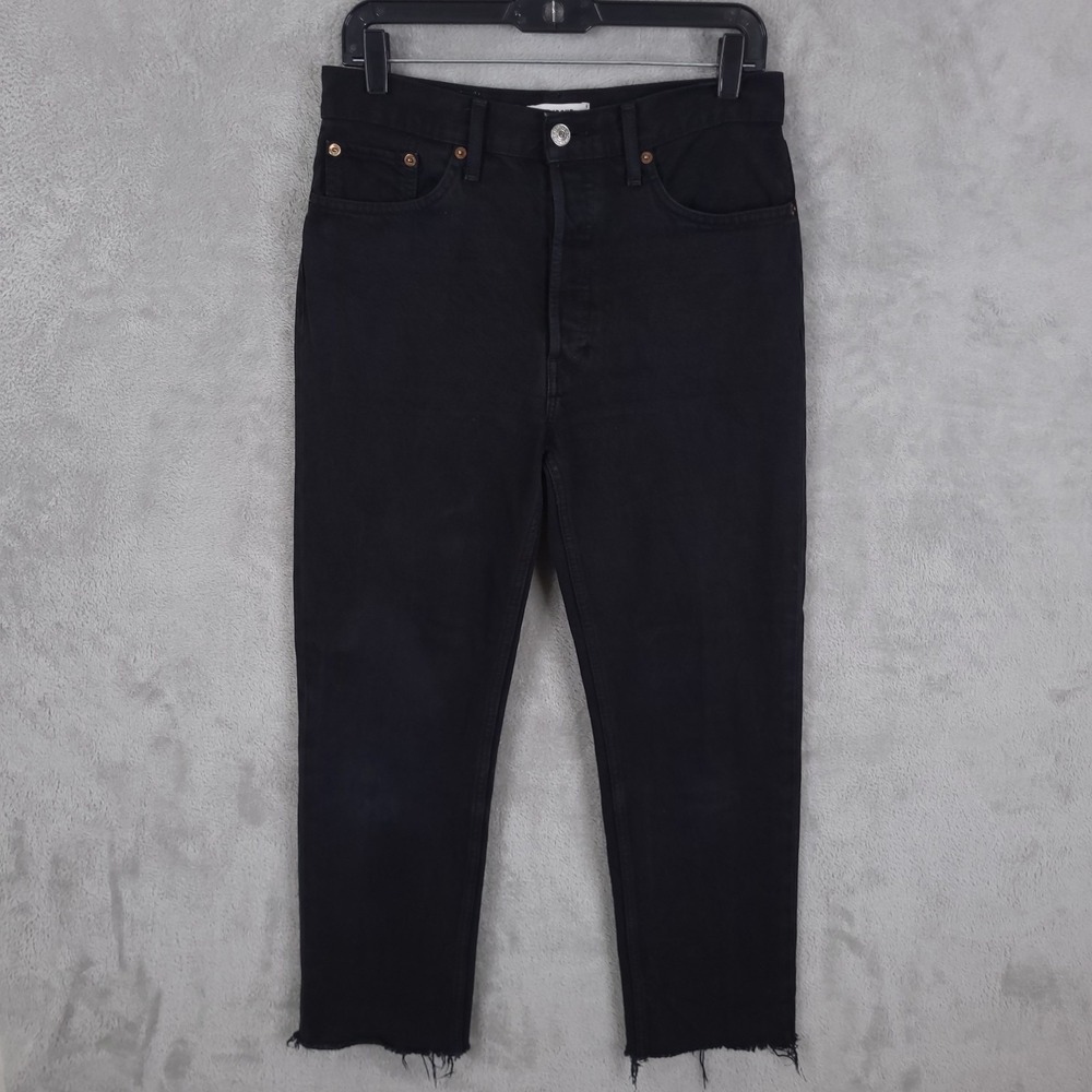 RE/DONE High Rise Ankle Crop Jeans Womens 28 Black Raw Hem Straight Leg Denim‎